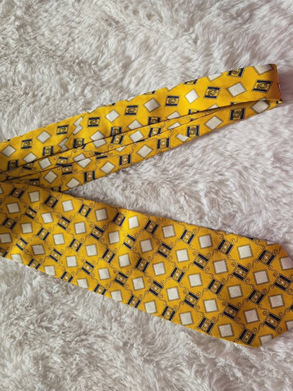 Versace Yellow Geometric Silk Tie with White and Navy Accents